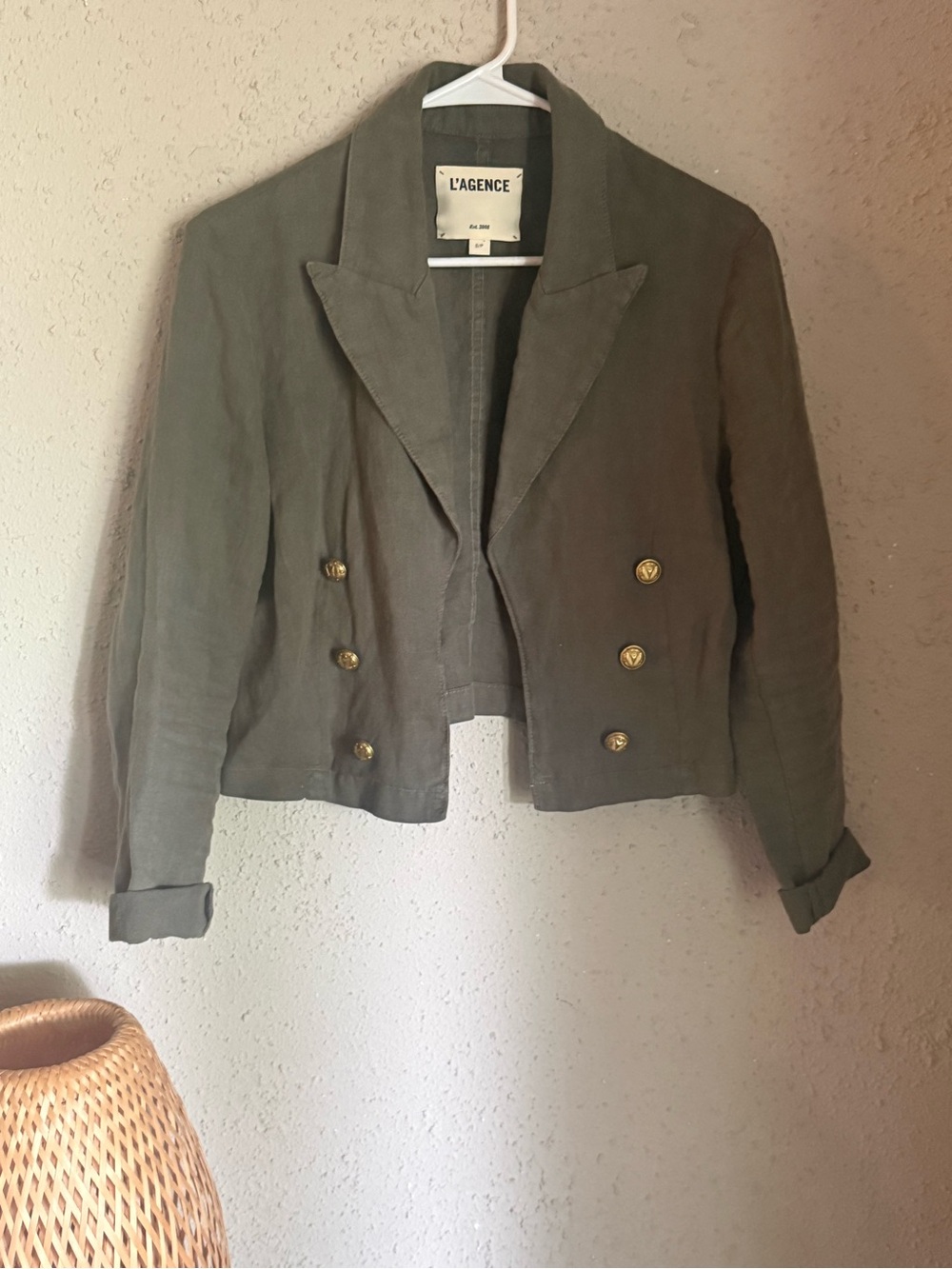 L'AGENCE Olive Green Double-Breasted Linen Blazer